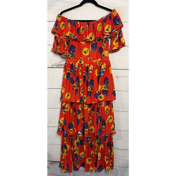o.p.t. size SM Maxi Dress Red Pansy Print Off The Shoulder Preppy FUN - Picture 1 of 8